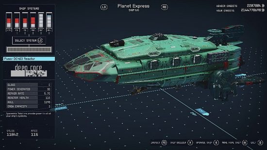 The aqua colored Planet Express space ship as replicated in Starfield.