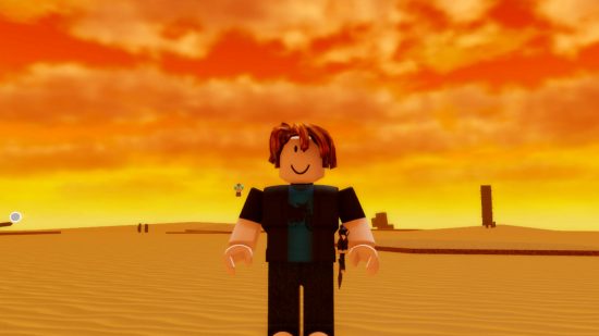 A Roblox character with a sword waiting to get Blade Ball codes.