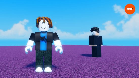 A Roblox character is standing next to a secret agent with headphones inside AFK world, which gives you coins far slower than Blade Ball codes.