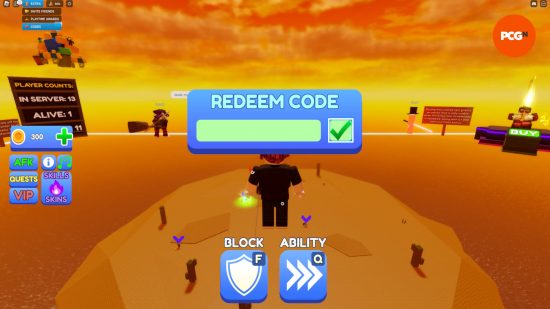 The code redemption screen for entering Blade Ball codes.