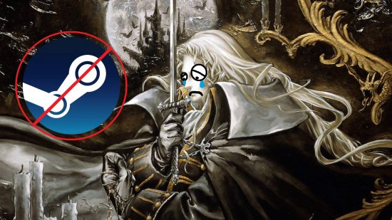 Castlevania Symphony of the Night Steam - Alucard is crying while holding a sword, looking at a Steam logo with a red "no" symbol on top of it.