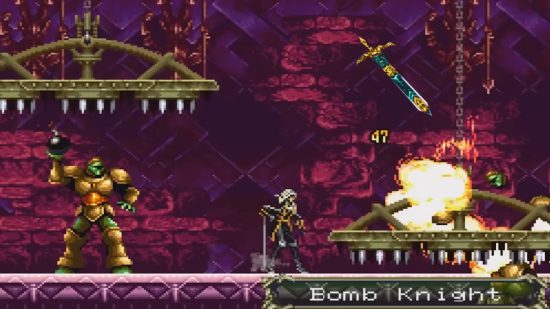 Castlevania Symphony of the Night Steam - Alucard is looking at a crushed Bomb Knight while another approaches from behind, unaware of the spike trap above. A sword floats in the air.