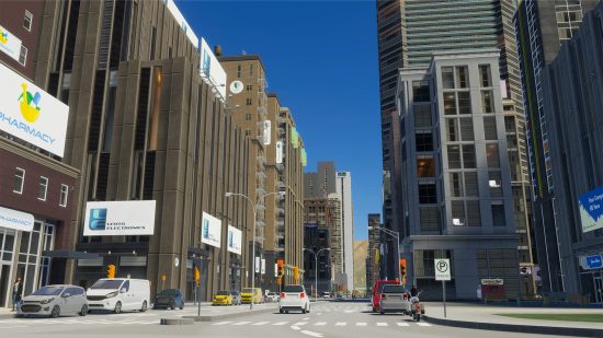 Cities Skylines 2 DLC: una vista a nivel de la calle de algunos edificios altos