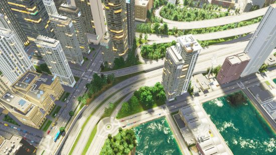 Cities Skylines 2 photo mode: A sprawling downtown area from city-building game Cities Skylines 2