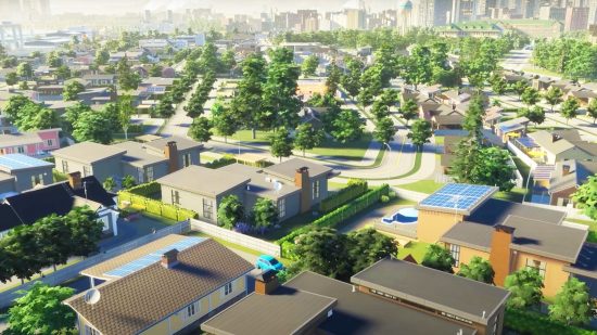 Cities Skylines 2 realistic sounds: A suburban street from city-building game Cities Skylines 2