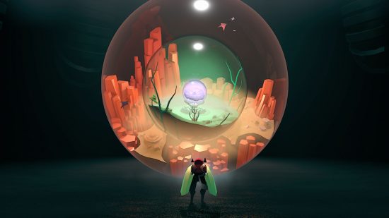 Cocoon Steam sale: a small creature with green wings looks u p at a giant orb with a small world inside of it