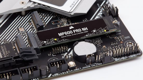 Corsair 600MP Pro NH SSD slotted into a motherboard