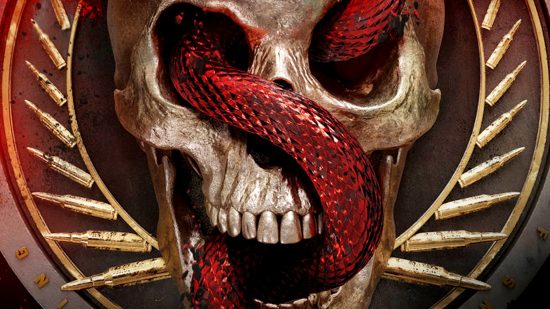 A close up of a skull with a red snake weaving through its eyes and mouth.