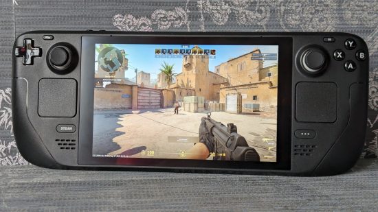 Counter-Strike 2 (CS2) running on a Steam Deck against a gray background