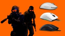 CS2 best mouse guide: two shadowy figures, one with a gun, appear next to three gaming mice against an orange background.