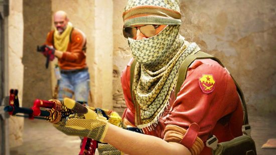 Counter-Strike 2 competitive play: A soldier in a scarf holding an AK-47 in Valve FPS game CSGO