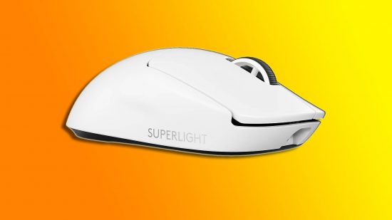 CS2 best mouse: a white Logitech Superlight 2 mouse appears against an orange and yellow background.