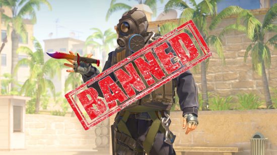 Cheaters will ensure CS2 breaks Steam’s concurrent user record: A man in full body army armor stands spinning a rainbow knife in a desert area with a 'banned' sign across them