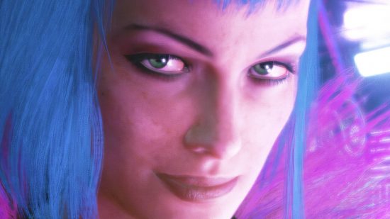 Cyberpunk 2077 bugs: A woman with blue hair in CDPR RPG game Cyberpunk 2077