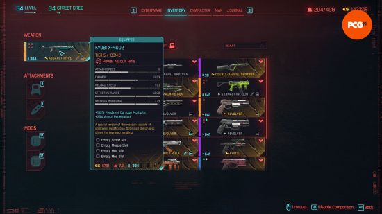 Cyberpunk 2077 Phantom Liberty best gun: a weapon menu screen