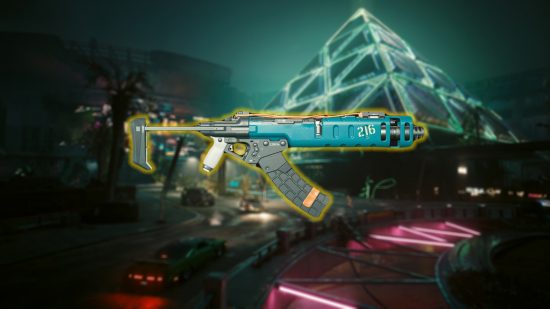 Cyberpunk 2077 Phantom Liberty best gun: a blurred cityscape with a blue gun in front with a yellow outline