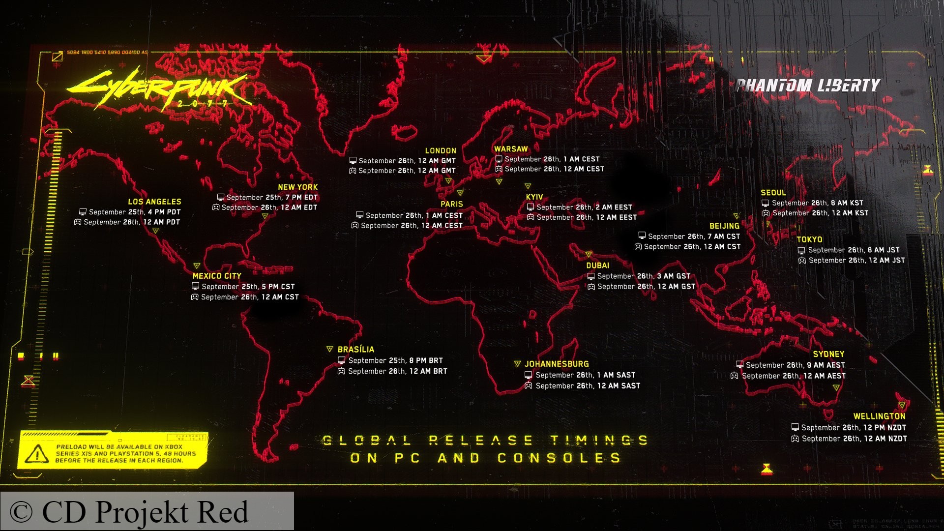 Cyberpunk 2077 Phantom Liberty release times: A map showing release times for RPG game Cyberpunk 2077 Phantom Liberty