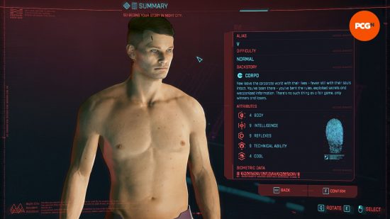 Cyberpunk 2077 Phantom Liberty save: a shirtless male stands next to a screen of their own stats