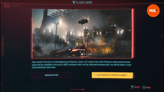 Cyberpunk 2077 Phantom Liberty save: an image depicting the choice between a new game and the skip to Phantom Liberty option