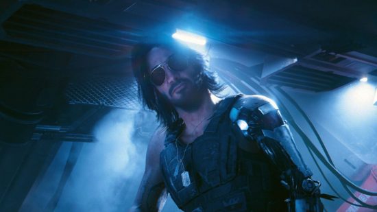 Cyberpunk 2077 Steam players: A man with a black combat vest on, sunglasses, long black hair, and with a metal left arm