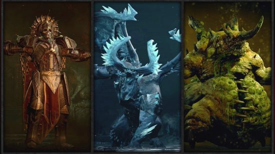 Three of the five D4 Season of Blood bosses: Grigoire, The Best in Ice, Duriel.