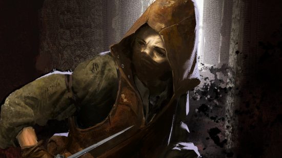Dark and Darker hotfix patch notes September 29, 2023 - A Rogue wearing a hood and mask brandishes a dagger as they explore a dark tunnel.