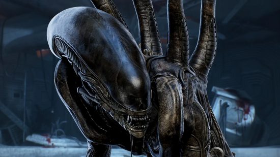 The Xenomorph from the Dead by Daylight Alien chapter in front of an image of the Nostromo map.