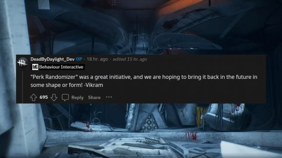 A comment on Reddit from one Dead by Daylight developer about the perk randomizer coming back