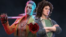 DBD ranks: Dead by Daylight killer The Trickster stands back to back with survivor Ellen Ripley, and an image of the Iridescent quality grade badge appears beneath them.