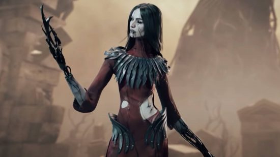Dead by Daylight self unhook changes could seriously shift the balance: A black haired woman with a pale face wearing a deep red dress with feathers around the neck and on her hips raises a clawed, inky hand