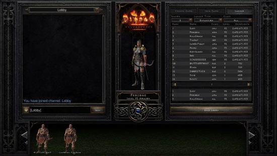Diablo 2 Resurrected - Ladder leaderboard screen.