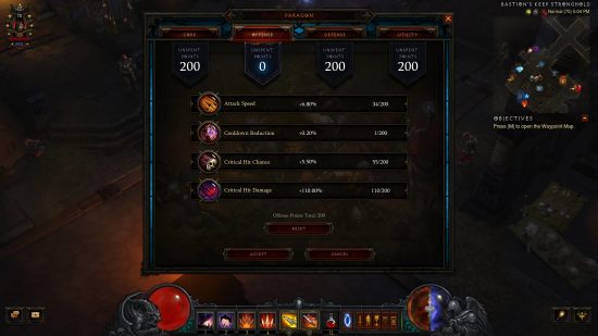 Diablo 3 Season 29 - The Paragon Points screen, with 200 available points for each of the four categories.