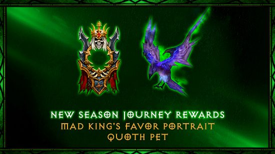 Diablo 3 Season 29 - Season journey rewards of a portrait frame and a raven-like pet.