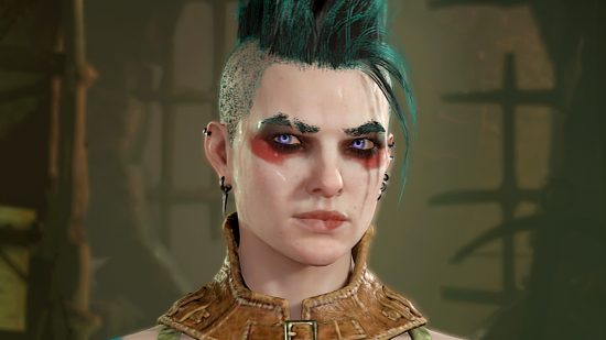 Diablo 4 bonus XP and gold weekend - A Rogue with a mohawk dyed teal.