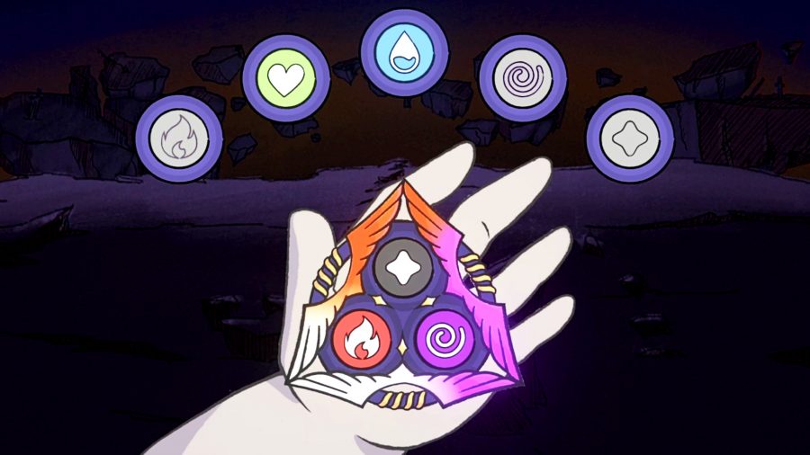 Diceomancer - A gloved hand holds a triangular object containing three elemental symbols chosen from a set of five.