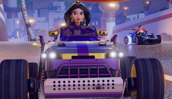 Disney Speedstorm codes: Jasmine is driving a purple go-kart, while Gaston tries to catch up with her.