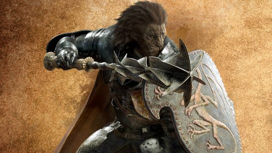Dragon's Dogma 2 preview - a fighter class with a mace and shield. He is one of the new cat-like race in the game and has a big mane of hair.