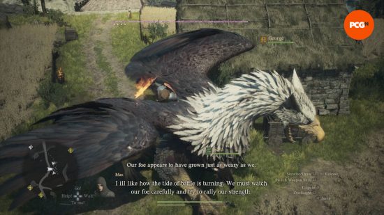 Dragon's Dogma 2 preview - the Arisen is plunging his fiery sword into the back of an irate griffin as his companions shout words of encouragement.