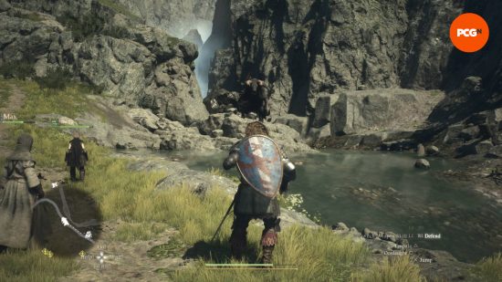 Dragon's Dogma 2 preview - a minotaur stands on a rock in the middle of a lake, having just seen a party of adventurers.