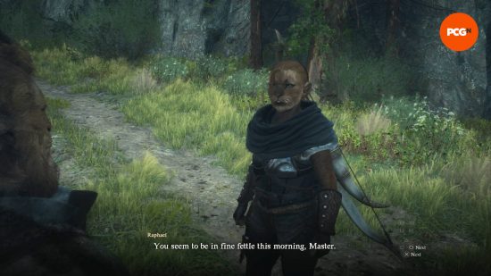 Dragon's Dogma 2 preview - the Arisen is talking to a cat-like Archer pawn named Raphael.