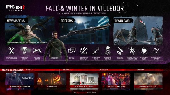 An image from Techland showing the winter and fall content rollout for Dying Light 2, including a Vampire The Masquerade and For Honor collab
