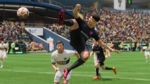 EA FC 24 cheap players: a football player performs an acrobatic move to score a goal.