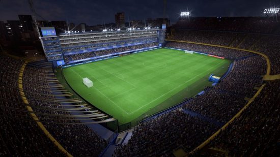 EA Sports FC 24: an overhead view of a football stadium filled with fans.