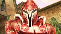 Elder Scrolls Morrowind FPS game: A soldier in red armor from Bethesda RPG game The Elder Scrolls Morrowind
