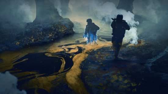 Eve Vanguard - two people explore a murky cavern.