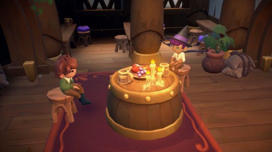Fae Farm romance: two NPCs sit at a wooden barrel table on a date with candles.