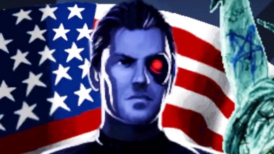 Far Cry Steam sale - Rex from Blood Dragon stands in front of the US flag and a graffiti-stained Statue of Liberty.