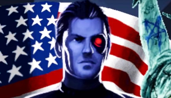 Far Cry Steam sale - Rex from Blood Dragon stands in front of the US flag and a graffiti-stained Statue of Liberty.