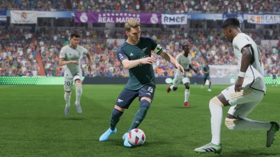 EA Sports FC 24 best midfielders: a footballer player with the ball at his feet.