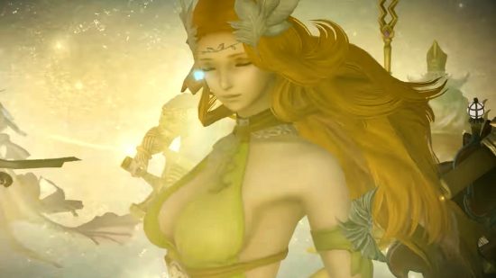 FFXIVパッチ6.5成長光 - ノフィカ、緑のドレスを着た赤い髪を流れる女神。